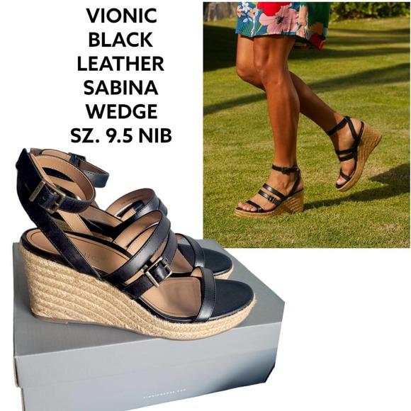 VIONIC BLACK LEATHER SABINA WEDGE SZ. 9.5 NIB $130 - Picture 1 of 3